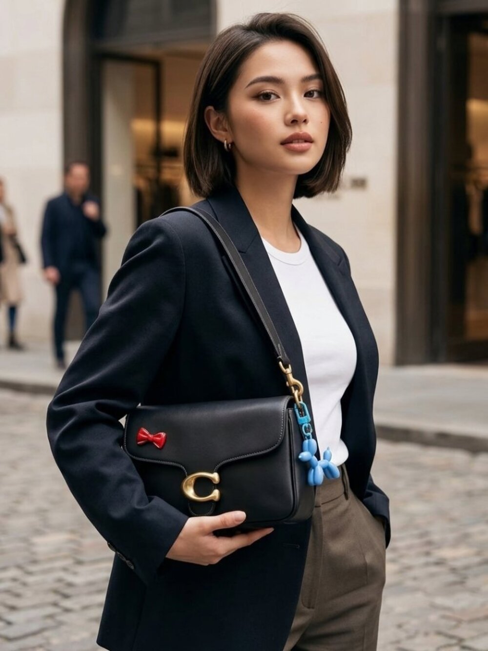 Coach Soft Tabby Shoulder Bag with red bow embellishment pin & blue balloon dog